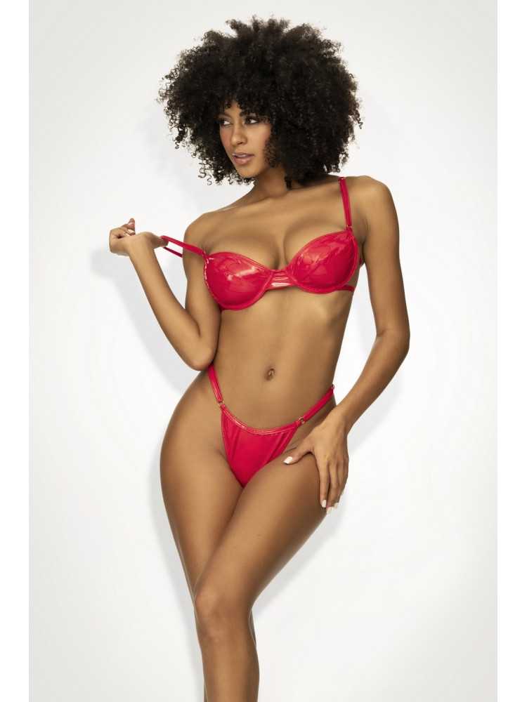 Ensemble lingerie sexy en vinyle rouge avec soutien-gorge et string - MAL2740RED