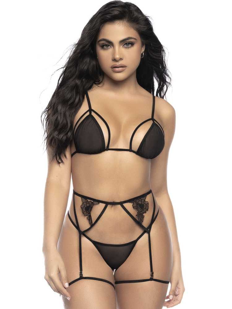 3 pièces de lingerie en résille noire - MAL8785BLK