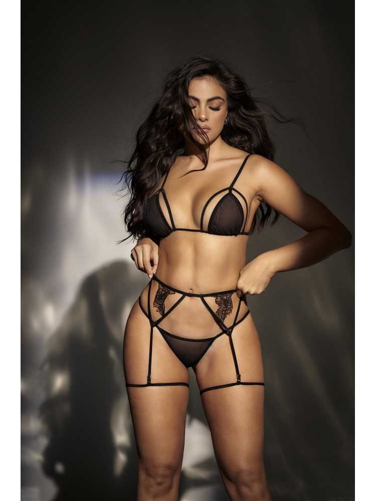 3 pièces de lingerie en résille noire - MAL8785BLK