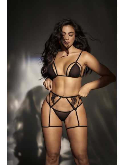 3 pièces de lingerie en résille noire - MAL8785BLK