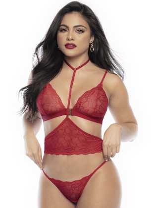 Ensemble lingerie trois pièces en dentelle rouge imprimée de cœurs - MAL8813RED