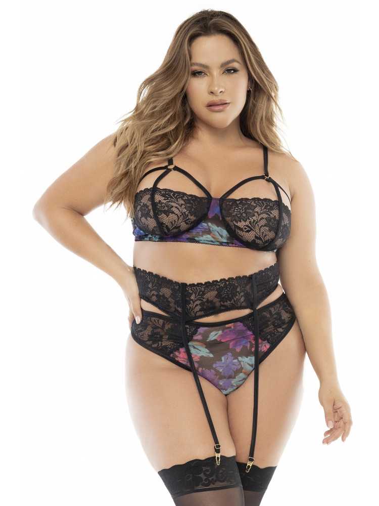 Deux-en-un, nuisette et ensemble trois pièces noir, grande taille, tissu fleur exotique - MAL7496XBLK