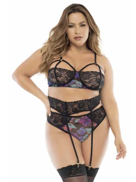Deux-en-un, nuisette et ensemble trois pièces noir, grande taille, tissu fleur exotique - MAL7496XBLK