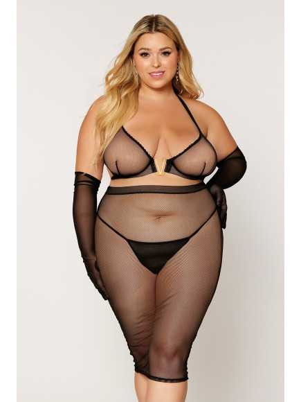 Ensemble 2 pièces grande taille, soutien gorge et jupe longue transparente noir - DG12770XBLK