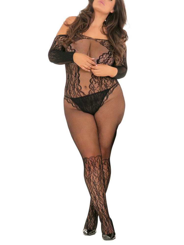 Bodystocking grande taille effet body ouvert à l'entre-jambes et sur les fesses - REN7065X-BLK