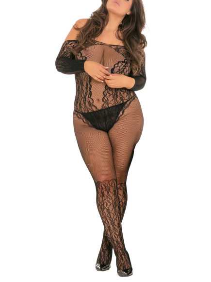Bodystocking grande taille effet body ouvert à l'entre-jambes et sur les fesses - REN7065X-BLK