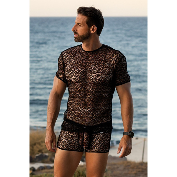 T-shirt noir sexy filet irrégulier fétichiste - LM810-77BLK