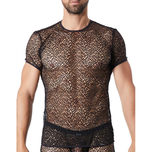 T-shirt noir sexy filet irrégulier fétichiste - LM810-77BLK