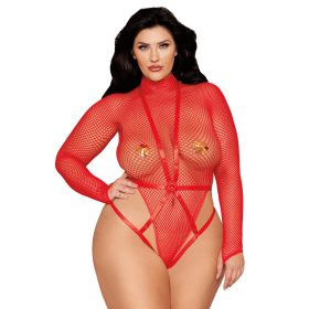 Ensemble 2 pièces grande taille, bodystring résille rouge et harnais - DG13680XRED