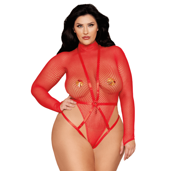 Ensemble 2 pièces grande taille, bodystring résille rouge et harnais - DG13680XRED