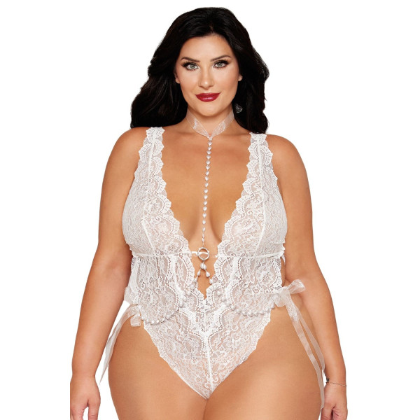 Ensemble 2 pièces grande taille, body dentelle blanc et chainettes bijou de corps perles blanches - DG13697XWHT