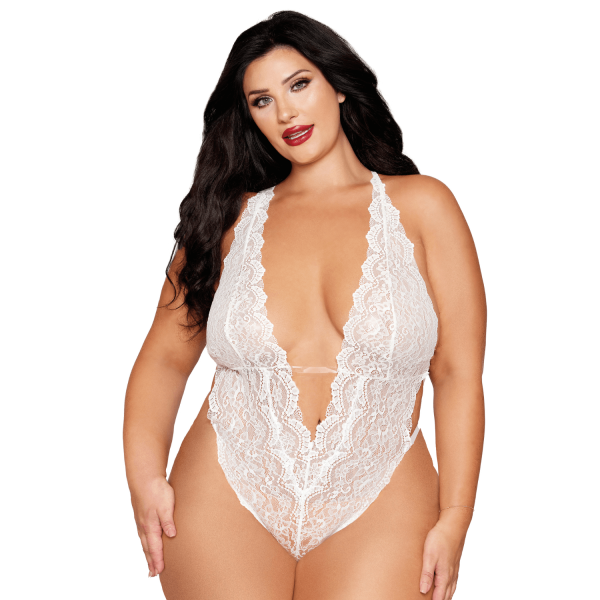 Ensemble 2 pièces grande taille, body dentelle blanc et chainettes bijou de corps perles blanches - DG13697XWHT