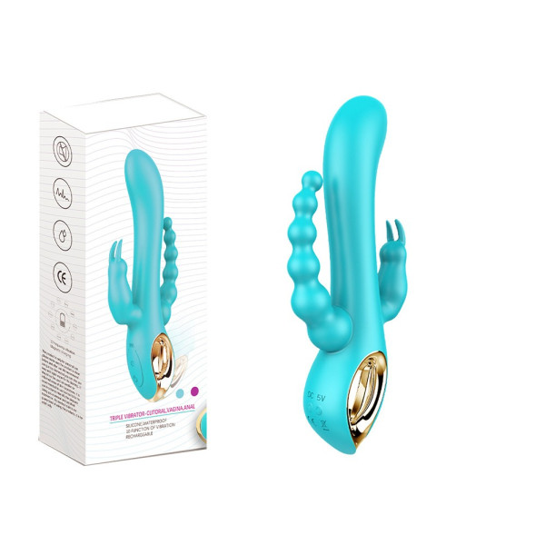 Vibromasseur Rabbit Bleu avec Chapelet Vibrant - Triple Stimulation