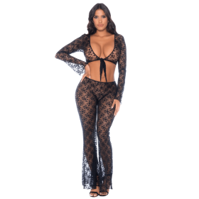 Top et pantalon en dentelle florale noire - MAL1915BLK