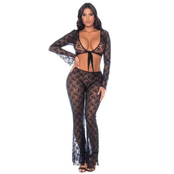 Top et pantalon en dentelle florale noire - MAL1915BLK