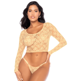 Ensemble 2 pièces en dentelle jaune pastel, crop top et string - MAL8918LYLW