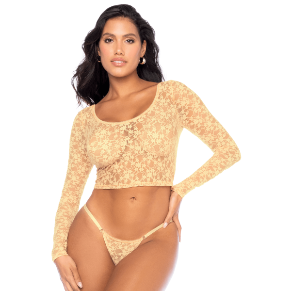 Ensemble 2 pièces en dentelle jaune pastel, crop top et string - MAL8918LYLW