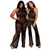 bodystocking en dentelle au crochet sans couture, grande taille, résille noire - DG0468XBLK