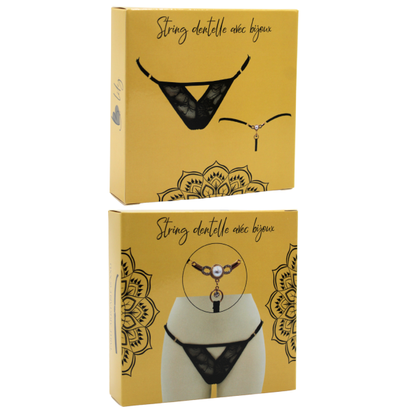 String noir avec bijou perle  strass dorés - PA06MBLK