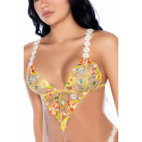 Nuisette transparente brodée jaune et string - MAL7608SUBS