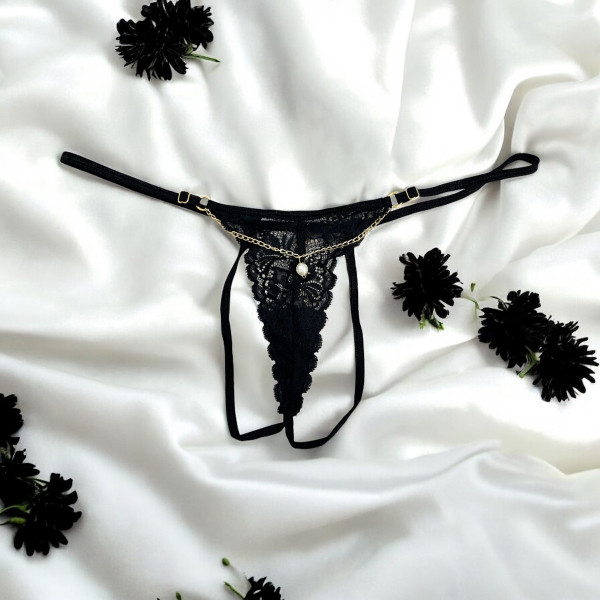 String Noir Dentelle & Chaîne Dorée avec Bijou – Réglable