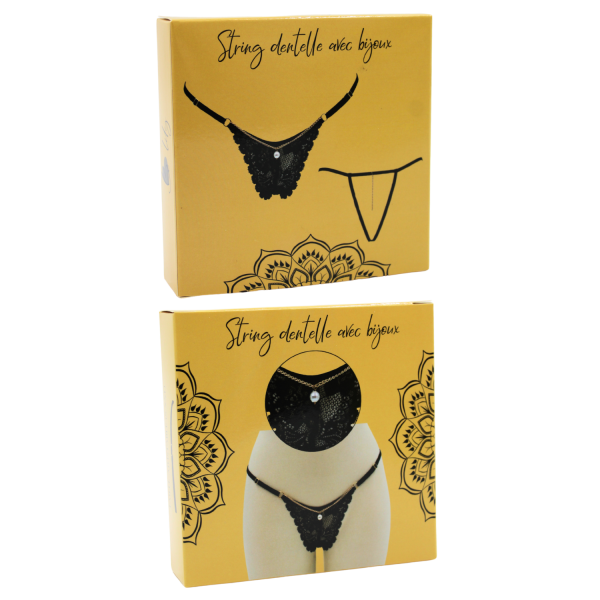 String Noir Dentelle & Chaîne Dorée avec Bijou – Réglable