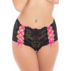 Shorty noir en dentelle et rubans entrecroisés rose sur les côtés - REN1162-BLK