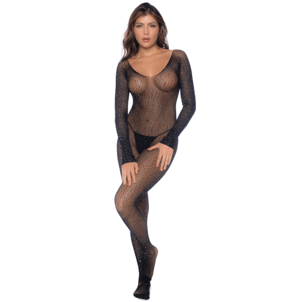 Combinaison noire en résille ornée de strass - MAL1131BKRH