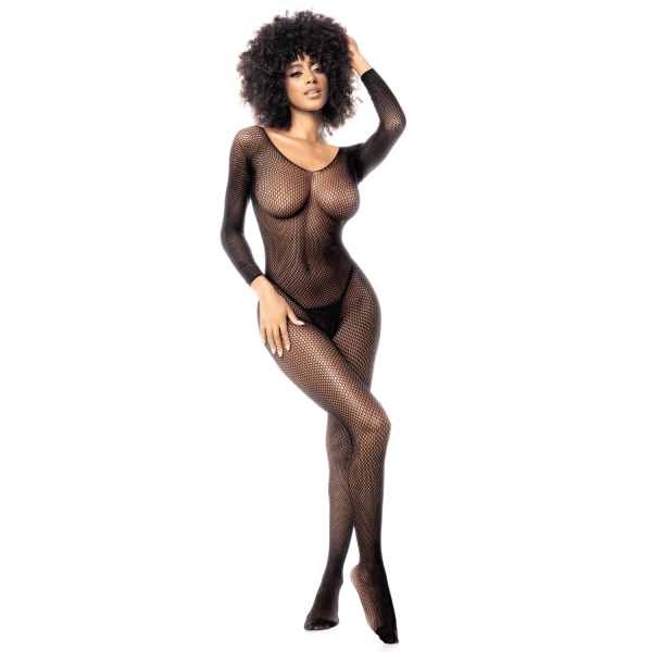 Combinaison manches longues en résille noire - MAL1102BLK
