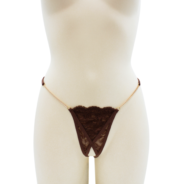 String en dentelle marron ouvert avec chaînes dorées - PA01MBRW