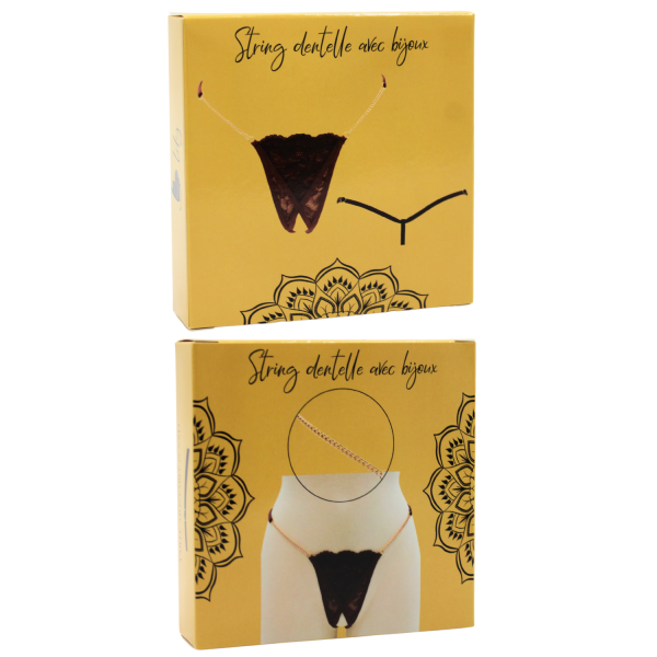 String en dentelle marron ouvert avec chaînes dorées - PA01MBRW