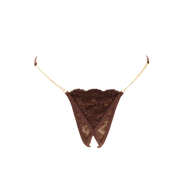 String en dentelle marron ouvert avec chaînes dorées - PA01MBRW