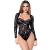 Body sexy manches longues en dentelle gothique et détails effet cuir - MAL8957BLK