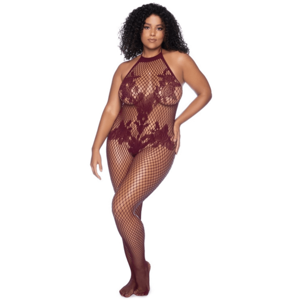 Combinaison grande taille en résille couleur cerise - MAL1116XCHRY
