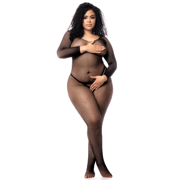 Combinaison grande taille manches longues en résille noire - MAL1102XBLK