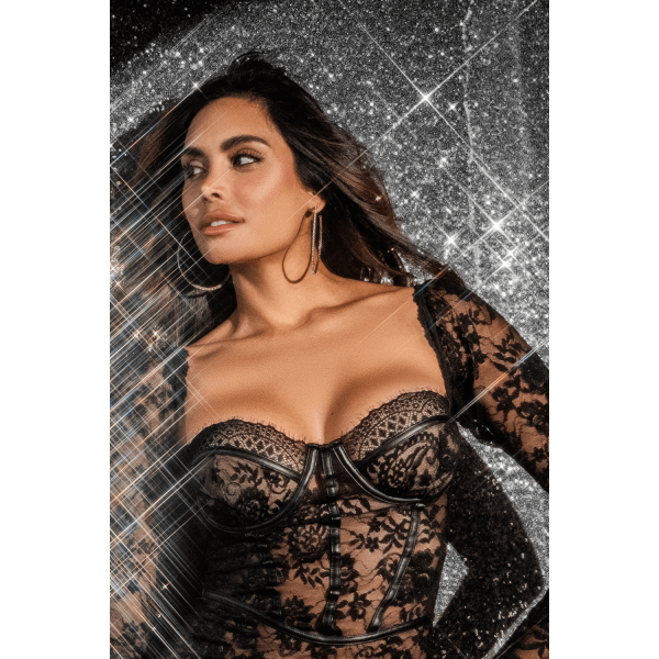 Robe en dentelle transparente à manches longues avec string - MAL40022BLK