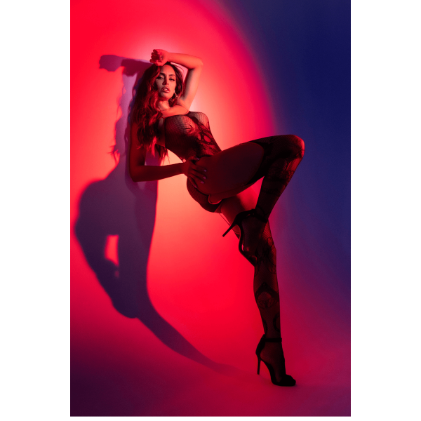 Body en résille noire à motif serpent, avec bas intégrés - Mapalé