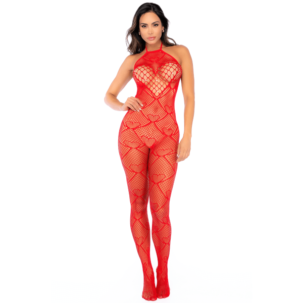 Bodystocking en résille rouge à motif cœur, orné de strass, ouvert à l’entrejambe - Mapalé