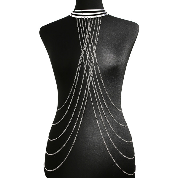 Bijou Tour de Cou avec Chaînes de Corps Argentées et Anneaux Dorés