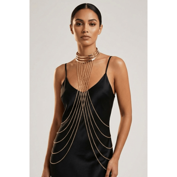 Bijou Tour de Cou avec Chaîne de Corps Dorée et Anneaux