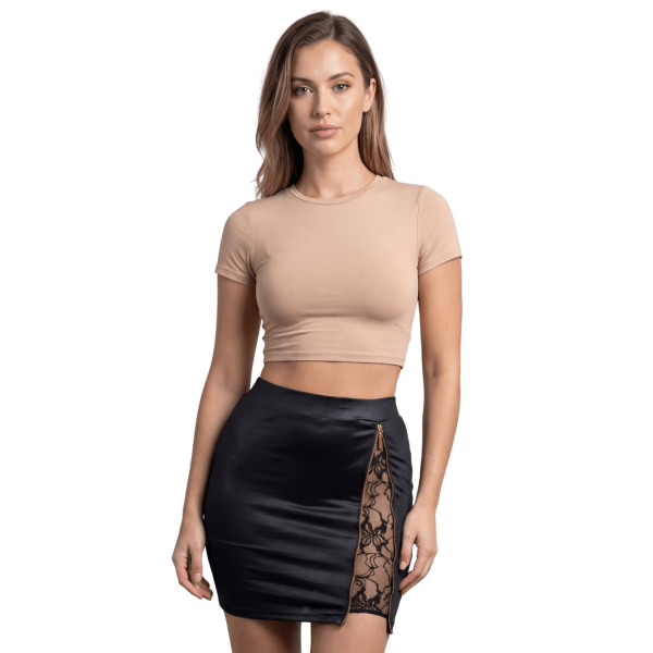 Jupe courte noire Kyra avec zip et dentelle florale