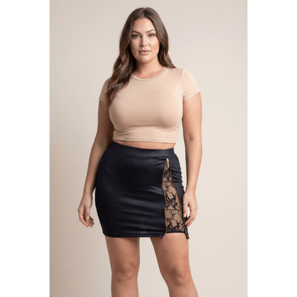 Jupe courte noire Kyra avec zip et dentelle florale