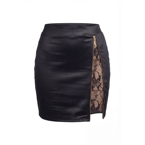 Jupe courte noire Kyra avec zip et dentelle florale