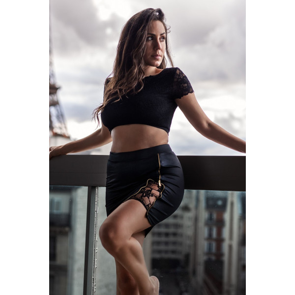 Jupe courte noire Kyra avec zip et dentelle florale