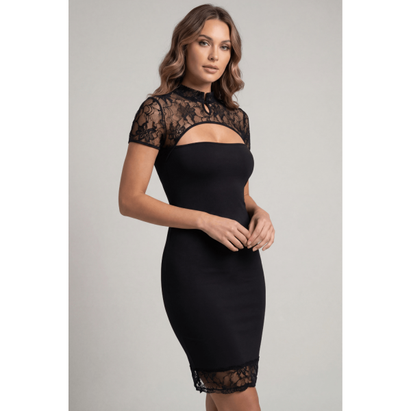 Robe courte Athéna col Mao en dentelle noire sexy – Be Lily
