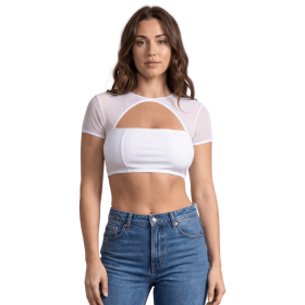 Top court blanc échancré en résille - Élégance et sensualité