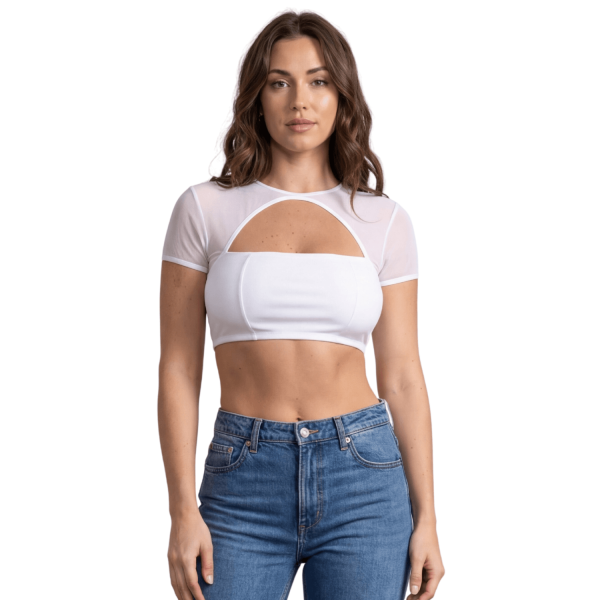 Top court blanc échancré en résille - Élégance et sensualité