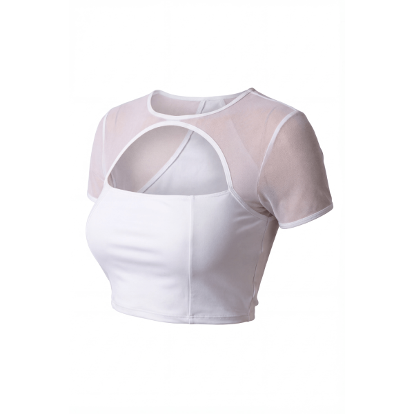 Top court blanc échancré en résille - Élégance et sensualité