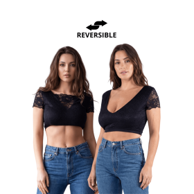 Top court noir réversible en bi-matière et dentelle florale