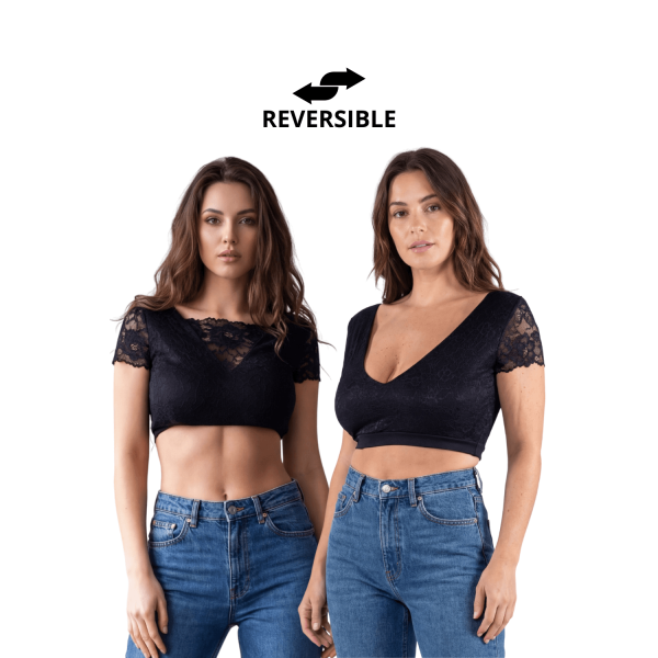 Top court noir réversible en bi-matière et dentelle florale